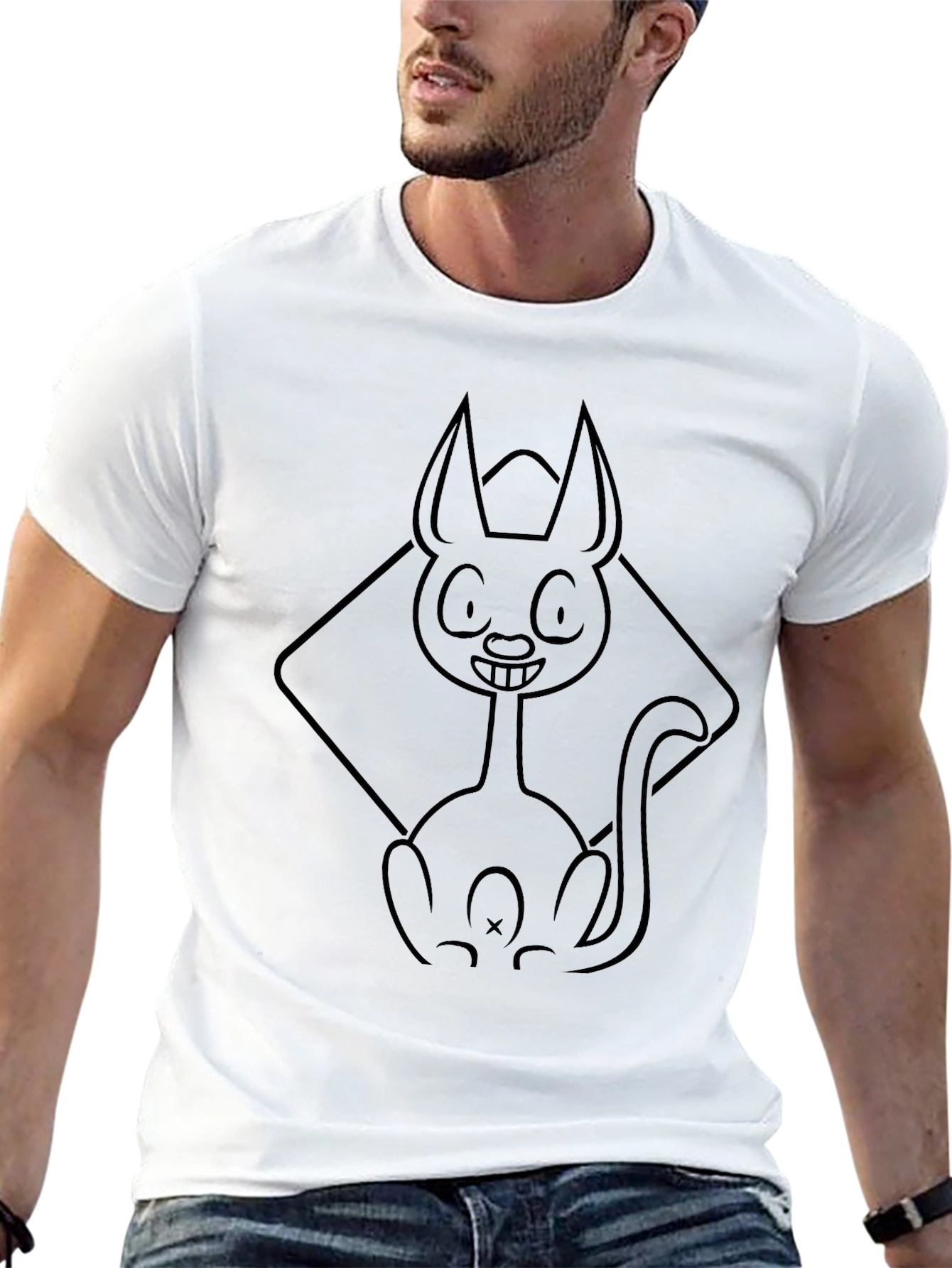 Cartoon Cat Outline Black T-Shirt