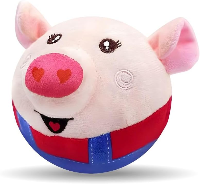 Moving Pet Plush Toy, Smart Interactive Dog Toy Pet Bouncing Balls, USB Rechargeable Washable Cartoon Plush Squeaky Pig Dog Toy for Dog/Puppy and Cats, with 120 Music