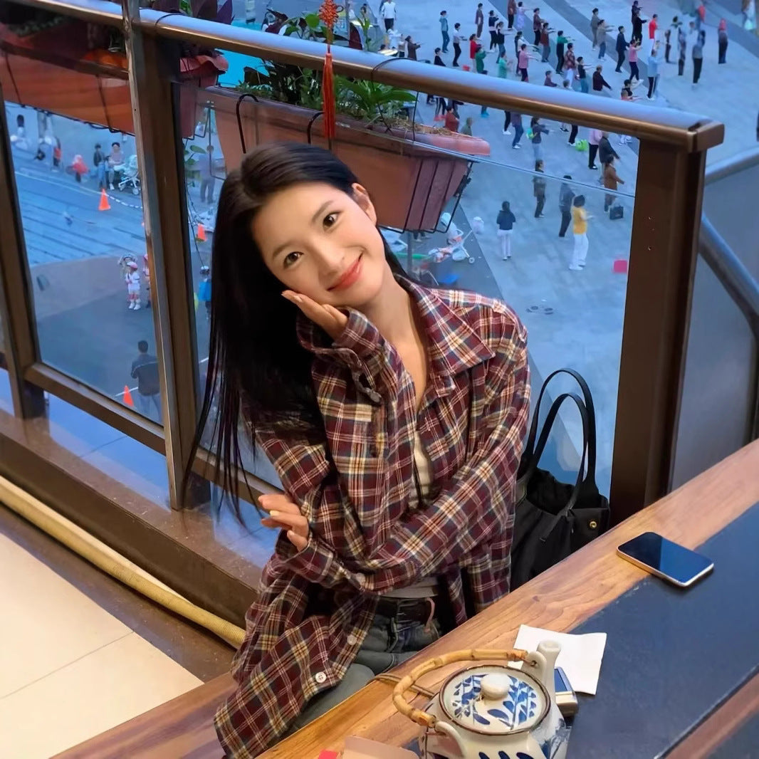 Retro Color Block Plaid Shirt Jacket for Women Casual Long Sleeve Top