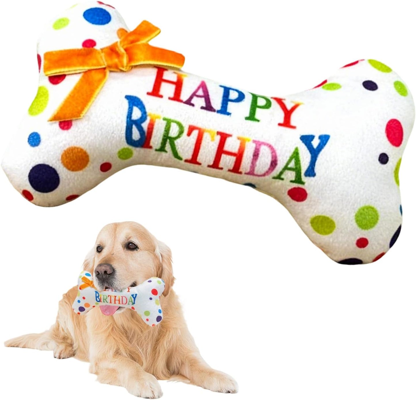 Dog Birthday Toy Plush Bone – Fun Interactive Pet Squeaky Present for Small to Medium Dogs – Soft Rainbow Birthday Celebration Gift with Hidden Squeaker – Perfect Party Favor for Special Occasions