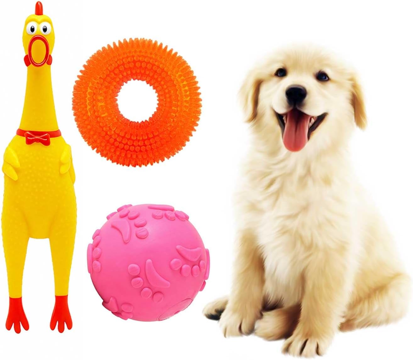 Dog Toy Combo Pack of 3 | Squeaky Rubber Chicken | Durable Spiky Chew Ring | Squeaky Ball | Interactive Play, Teething Relief, Fetch & Chew Toys | All Breeds and Sizes (PW-COMBO-001)