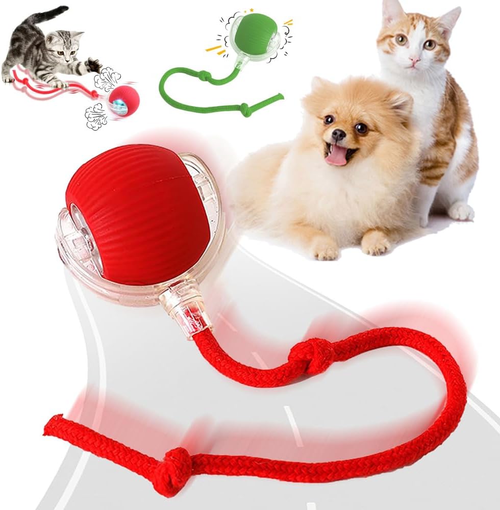 Interactive Electric Automatic Rolling Moving Rechargeable Self Play Stimulation Toy for Cats and Small Dogs - Smart Pet Chase Ball with Speedy Tail Rope for Indoor Multicolour