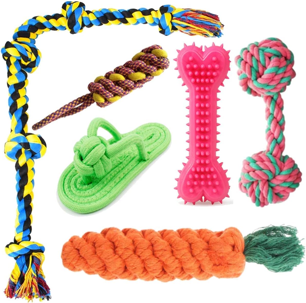 Dog Rope Toys + Tug of War Rope Toys + Twisted Rope Chew Set + Pet Ftech & Play Set + Chew Hard Spike Bone for Dog + Twisted Cotton Play (Pack of 7, Color May Vary)