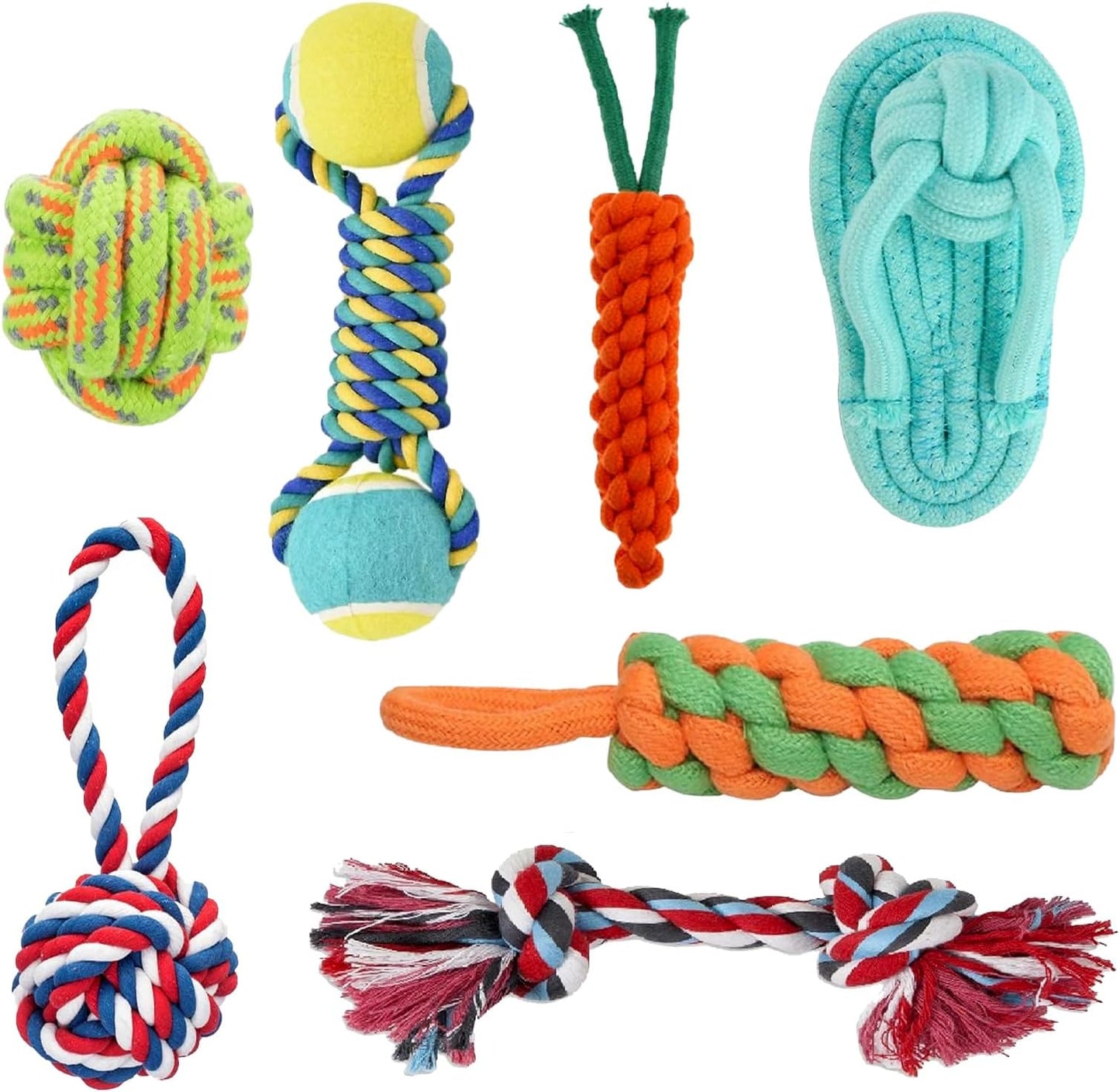 Dog Chew Rope Toys Pack of 7 Combo for Dogs & Puppies Ball Dual-Tennis Knotted Chewing Dog Toy for Playing, Teeth Cleaning & Training (Color As Vary, Pack 7)