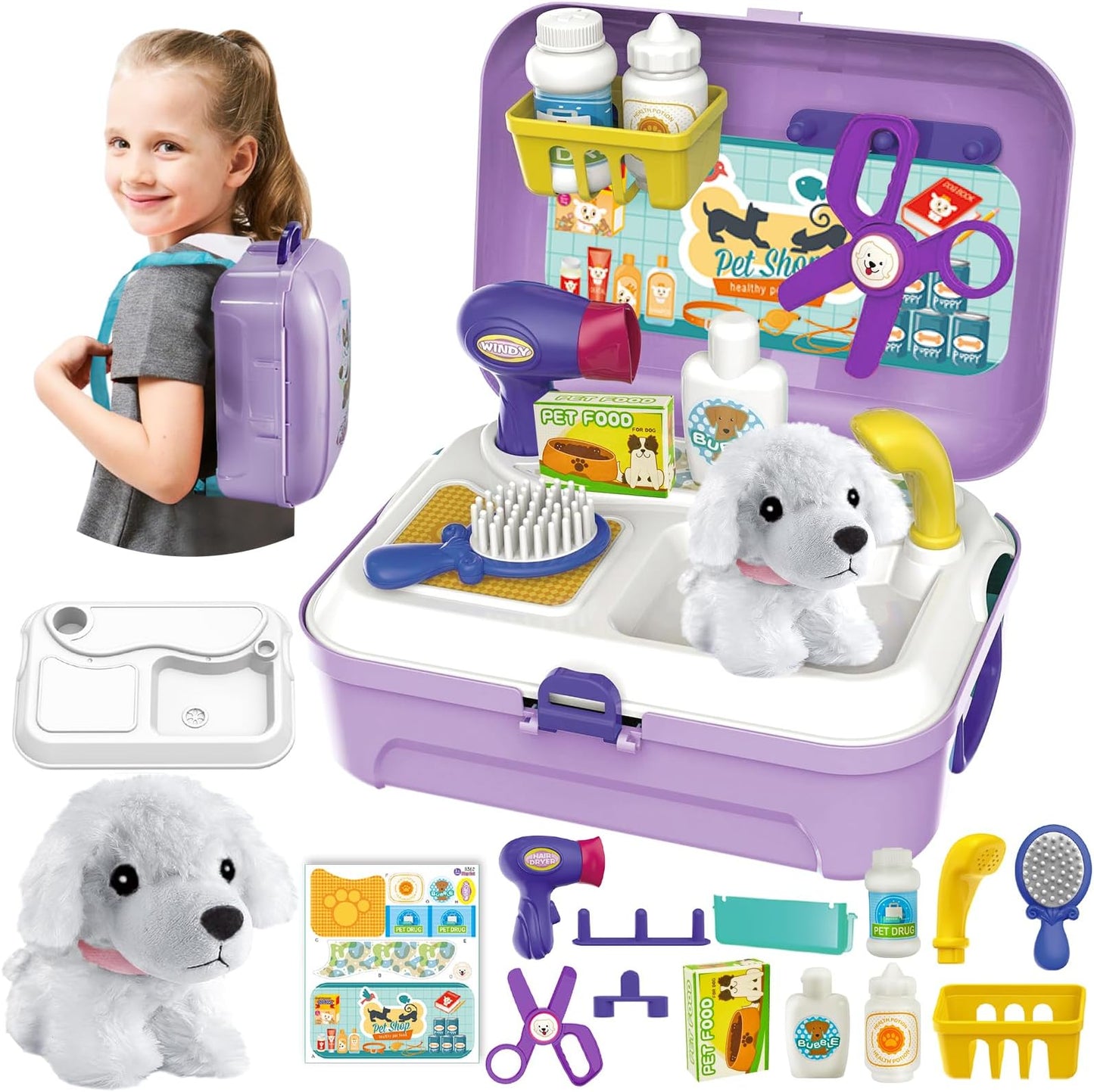 Kids Vet Kit Dog Grooming Toy Pet Care Role Play Games Animal Dolls Pretend Play Pet Carrier Set Toys 3 4 5 Year Old Girls Boys Children Gifts