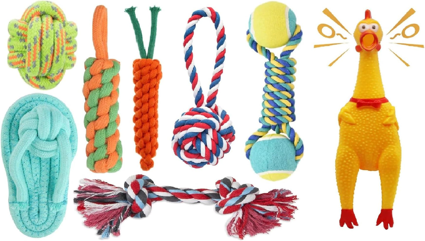 Dog Toy Set - Tail, Chew, and Rope Toys for Small to Medium Dogs - Tug Toy Pack of 8