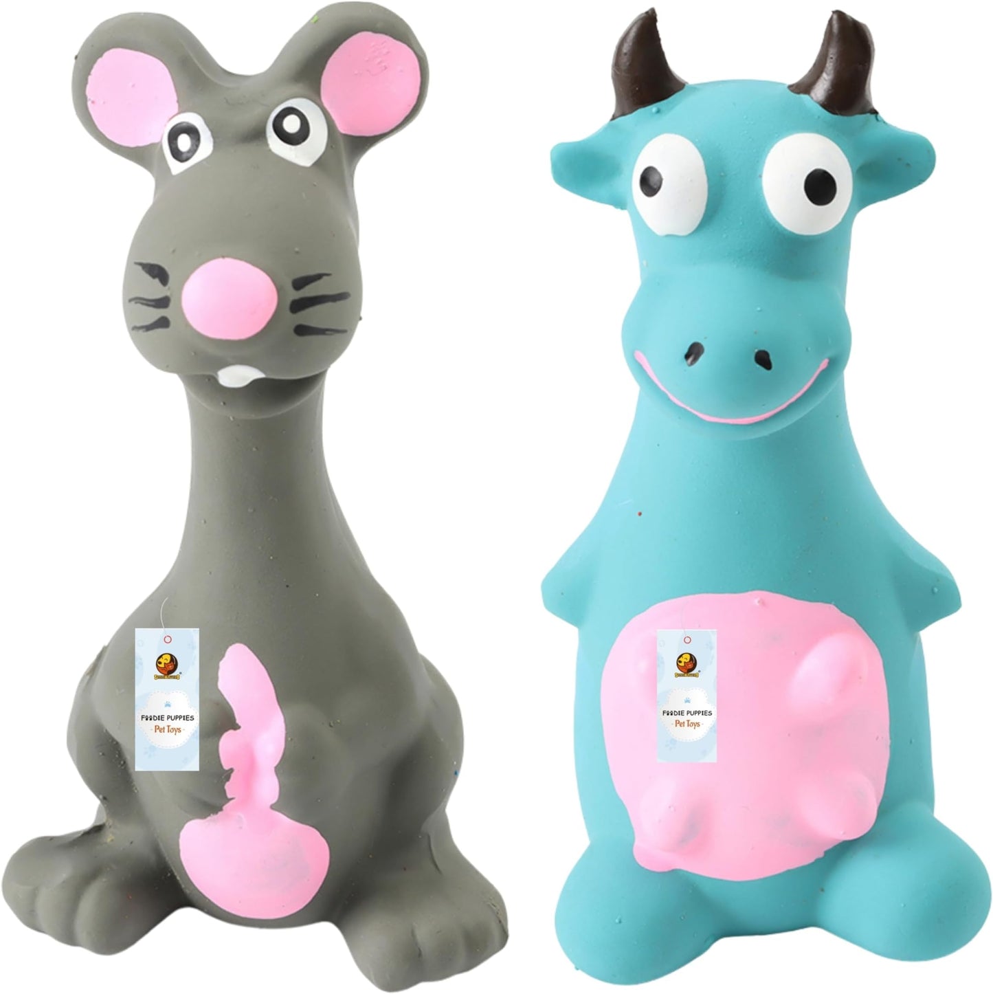 Latex Squeaky Dog Toys Combo - (Grey Mouse and Blue Bull) | Durable, Animal Design Chew Toy for Teething, Fetching & Playing | Suitable for Cats, Kitten, Small to Medium Dogs & Puppies