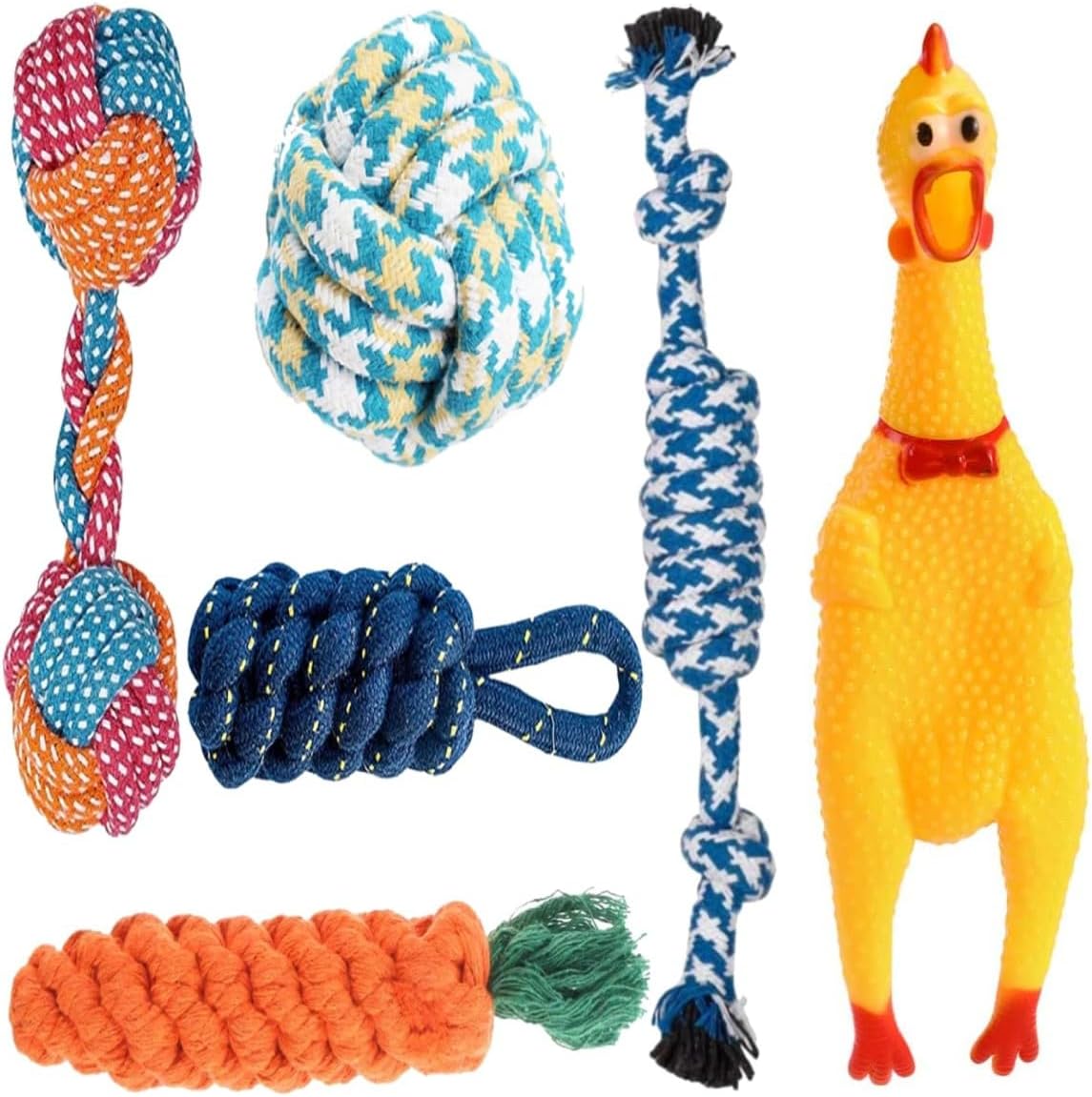 Dog Toy Set - Tail, Chew, Puppy Teething, Rope, Squeaky Toys for Small to Medium Dogs (Pack of 6)
