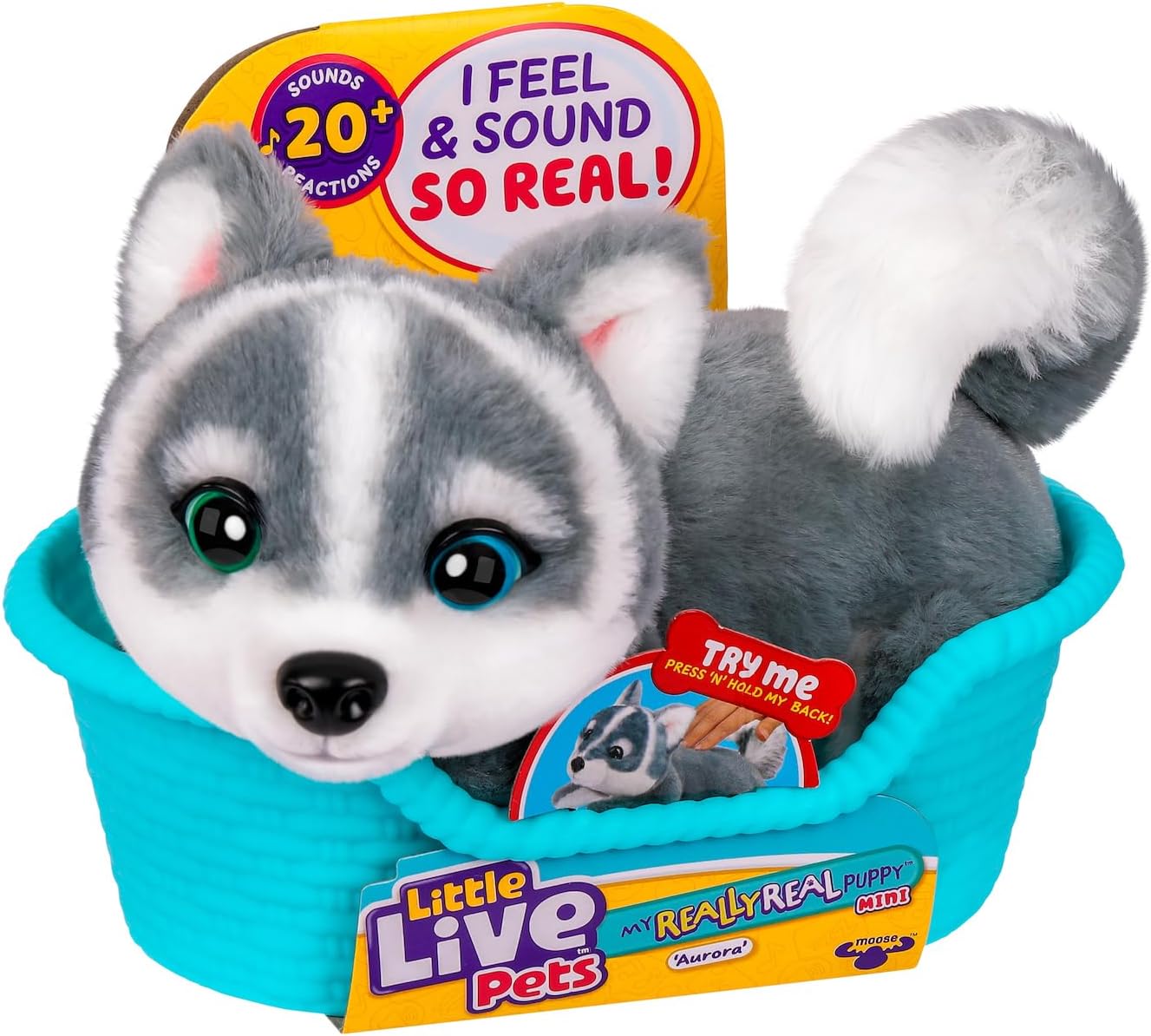 My Really Real Puppy Minis- Aurora the Husky| Interactive Puppy with 20+ Sounds & Reactions- Includes Basket for Display. Fun & Adorable Gift for Kids (11cm/4.3in tall)