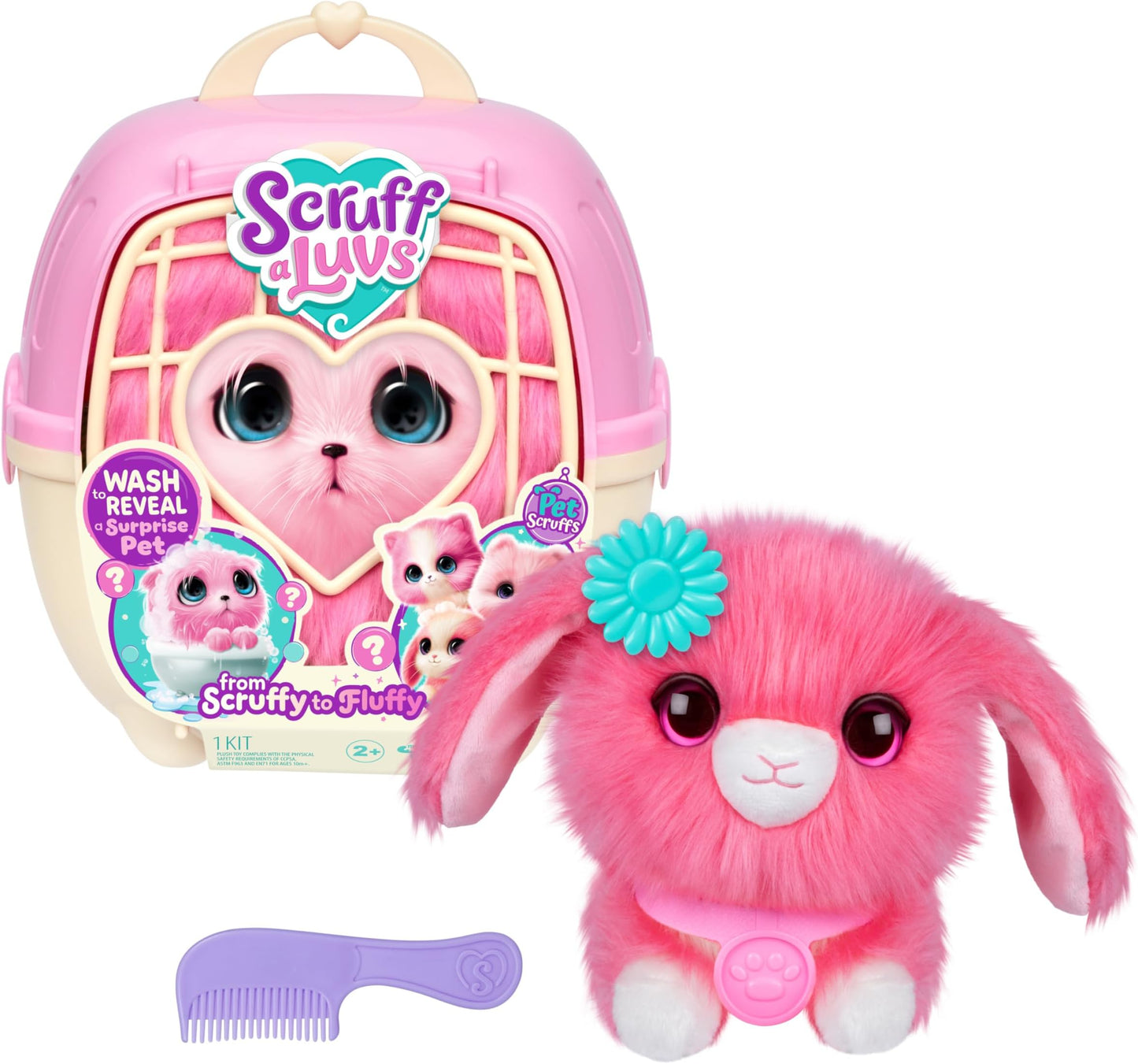 Pet Scruffs Pink - Mystery Plush Toy, 7.5" Tall - Wash to Reveal 1 of 3 Rescue Pets: Puppy, Bunny, or Kitty - Includes 8.7" Deluxe Pet Carrier