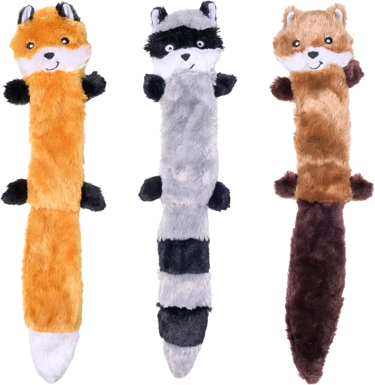 ZippyPaws Skinny Peltz - No Stuffing Dog Toy Pack to Keep Them Busy, for Medium and Large Dogs, Squeaky Pet Toys, Unstuffed Chew Toys, Soft Plush Variety Pack, Fox, Raccoon, and Squirrel - 18"