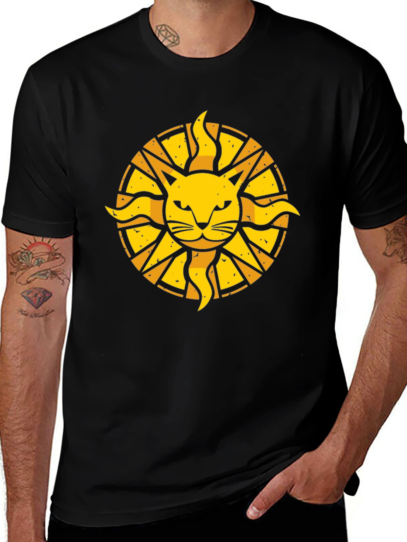 Cat Sun Graphic T-Shirt - Black Cotton Tee