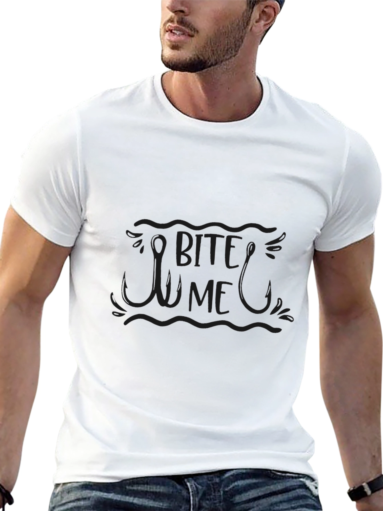 Mens Black Bite Me Fishing Hook Graphic Tee