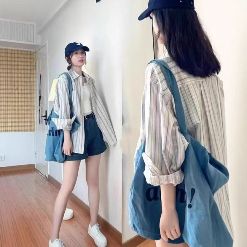 Blue Striped Shirt Women's Long Sleeve Design Sense Unique Small Size Women's Top