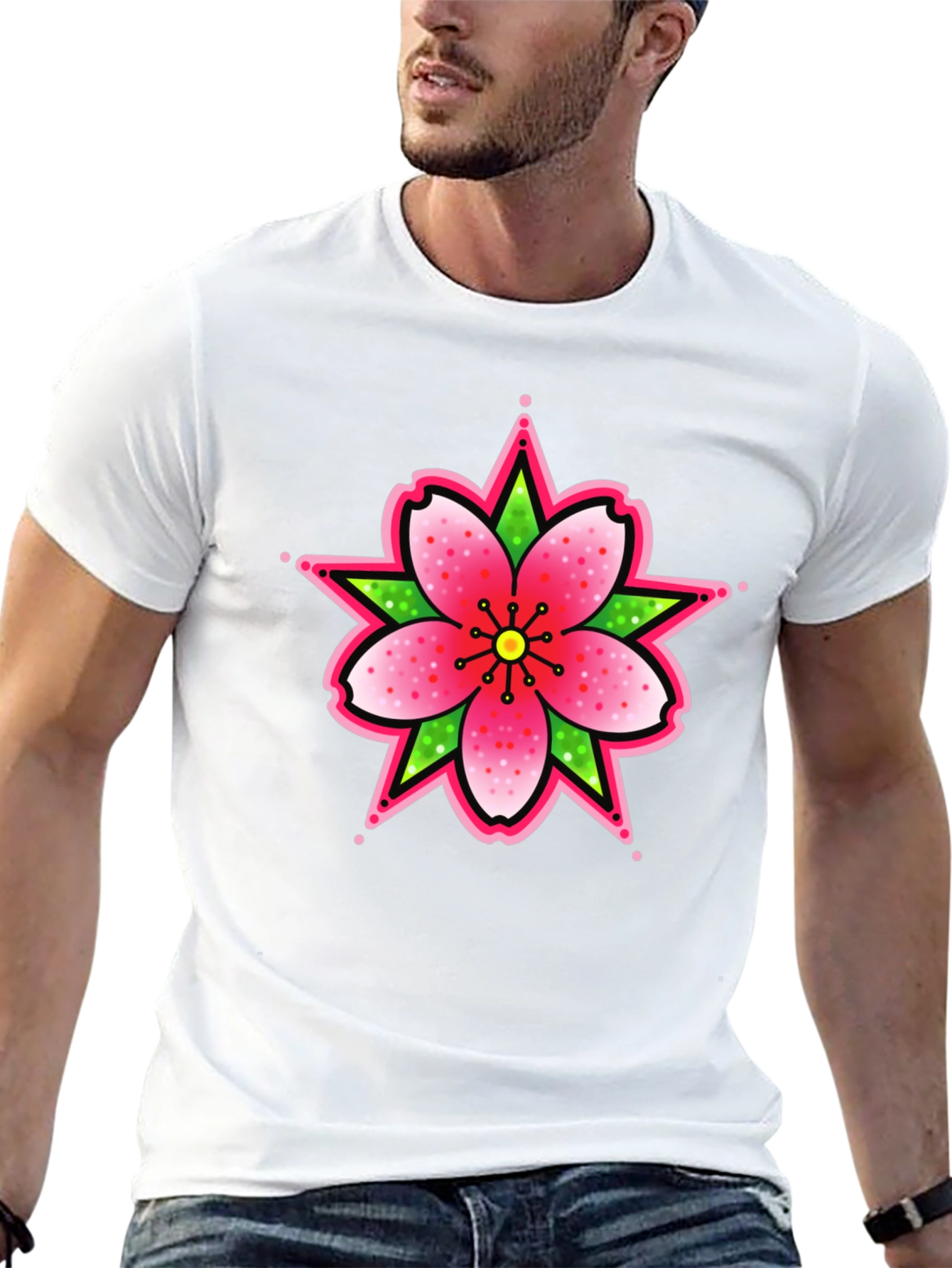 Black T-Shirt with Floral Tattoo Style Graphic