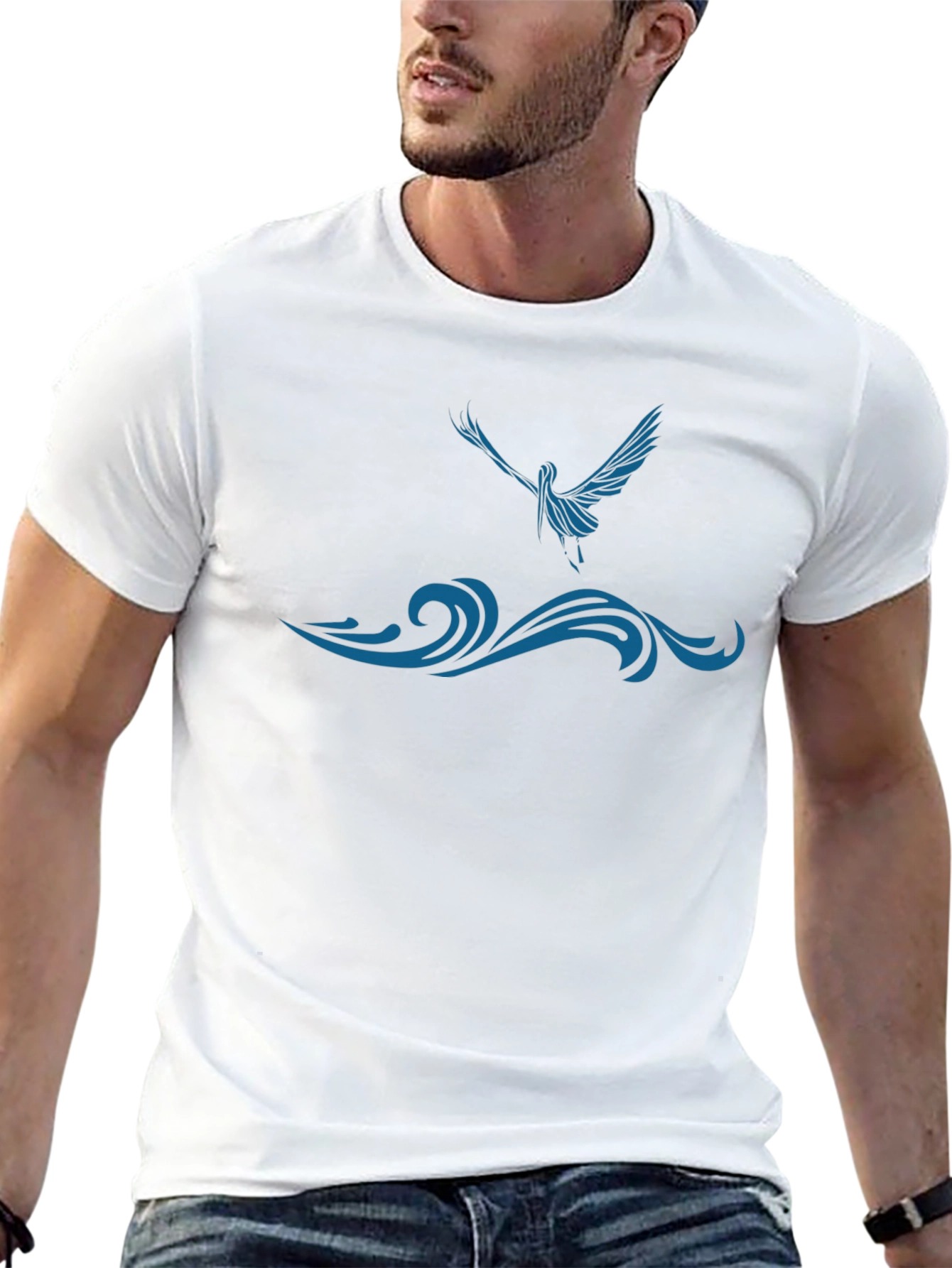 Black T-Shirt with Blue Bird and Wave Design