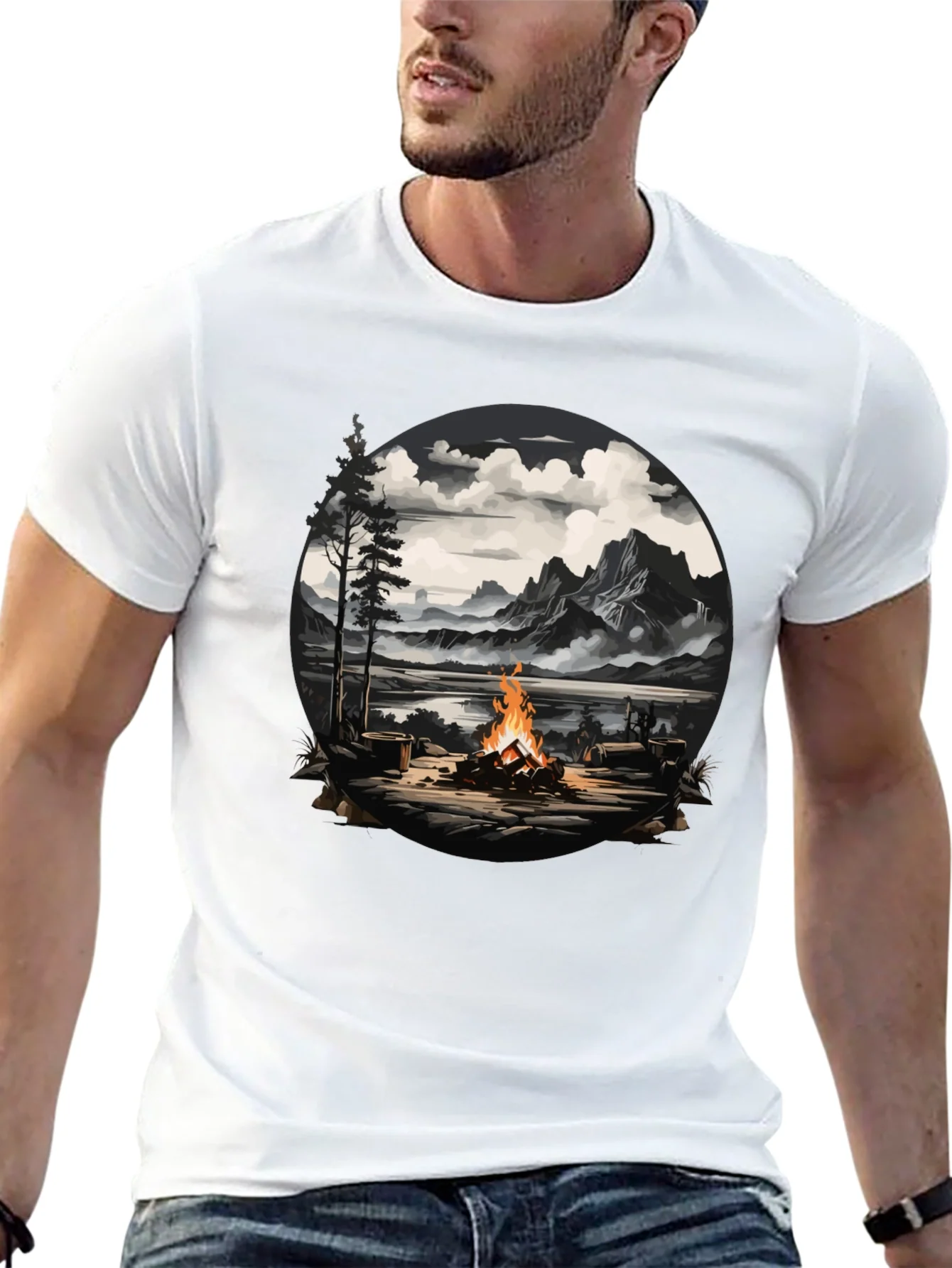 Campfire Graphic T-Shirt: Nature Scene Tee