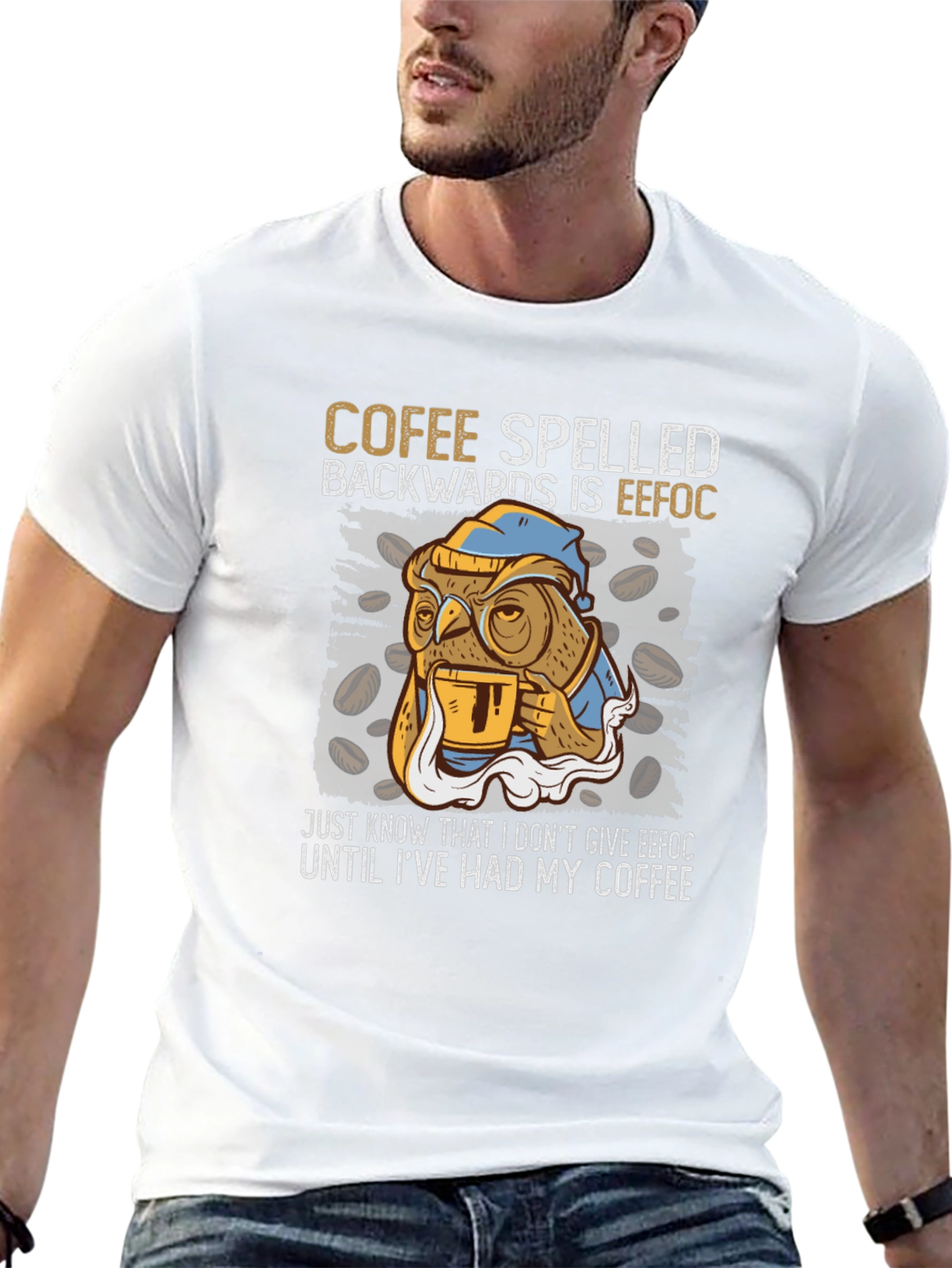 Coffee Owl T-Shirt - Cofee Spelled Backwards Novelty Tee