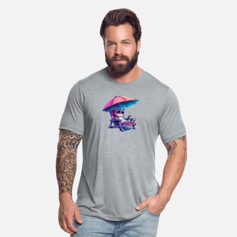 Cool Cat Chilling on the Beach with Coffee-T-shirt