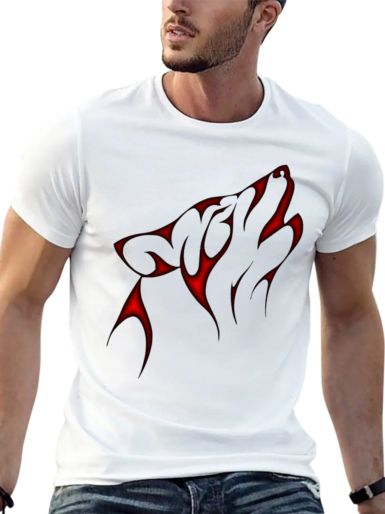 Black T-Shirt with Red Wolf Design