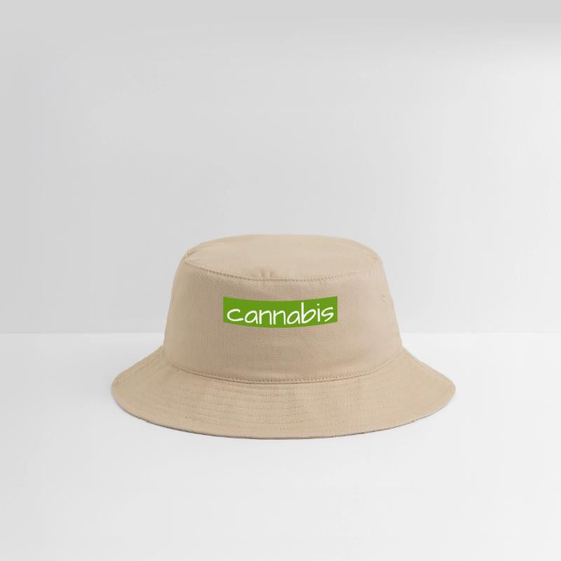 Hand drawn cannabis text logo on green background