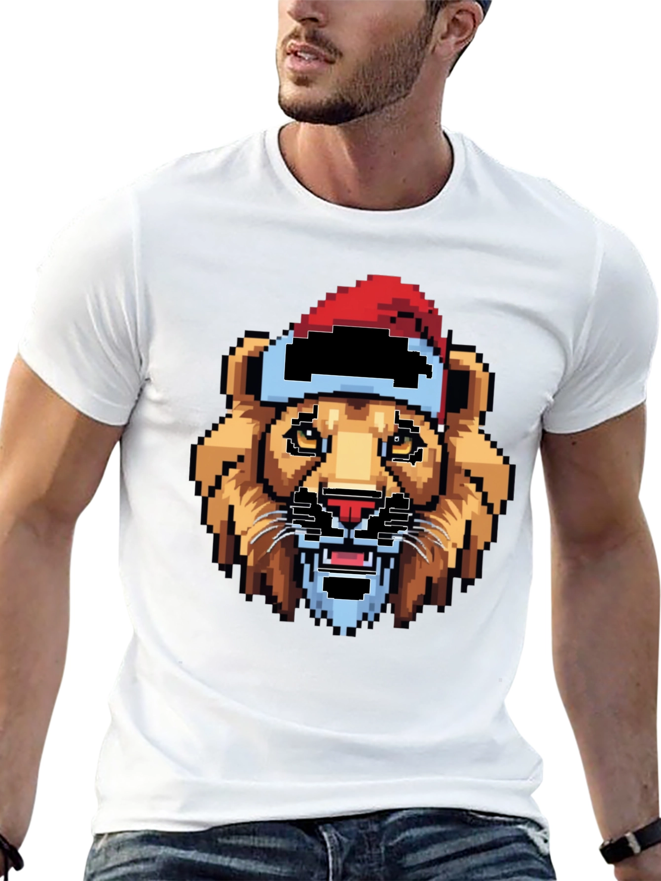 Pixel Lion Santa Hat T-Shirt - Black