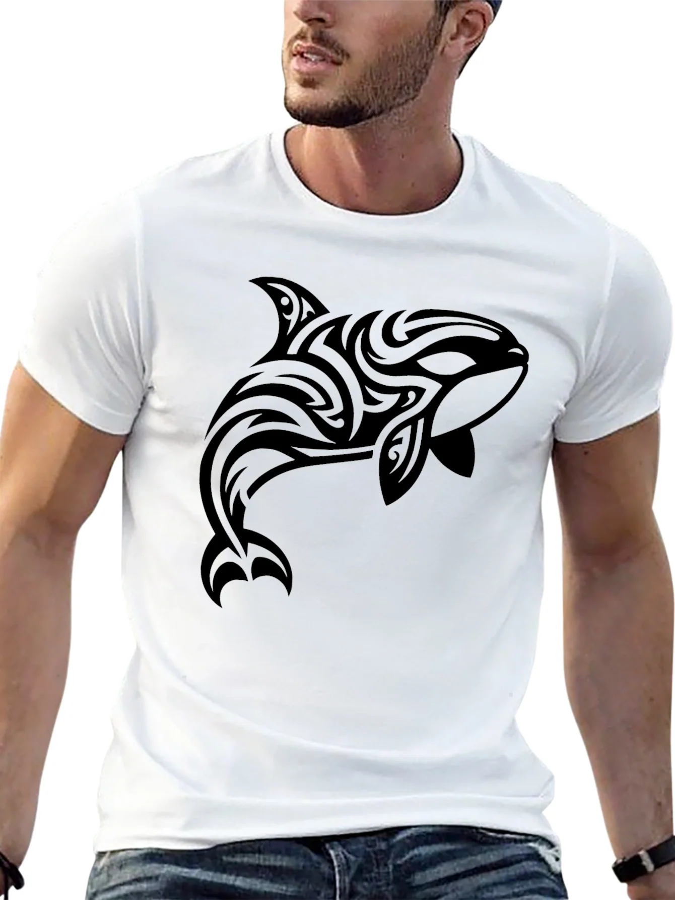 Tribal Orca Graphic Tee - Black Cotton T-Shirt