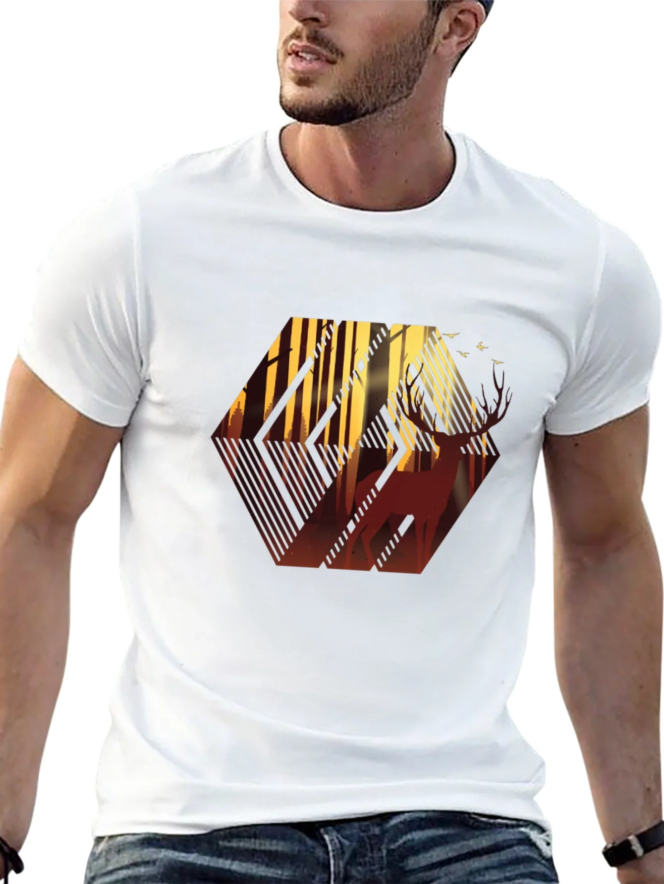 Stylish Mens Black T-Shirt with Deer Forest Graphic