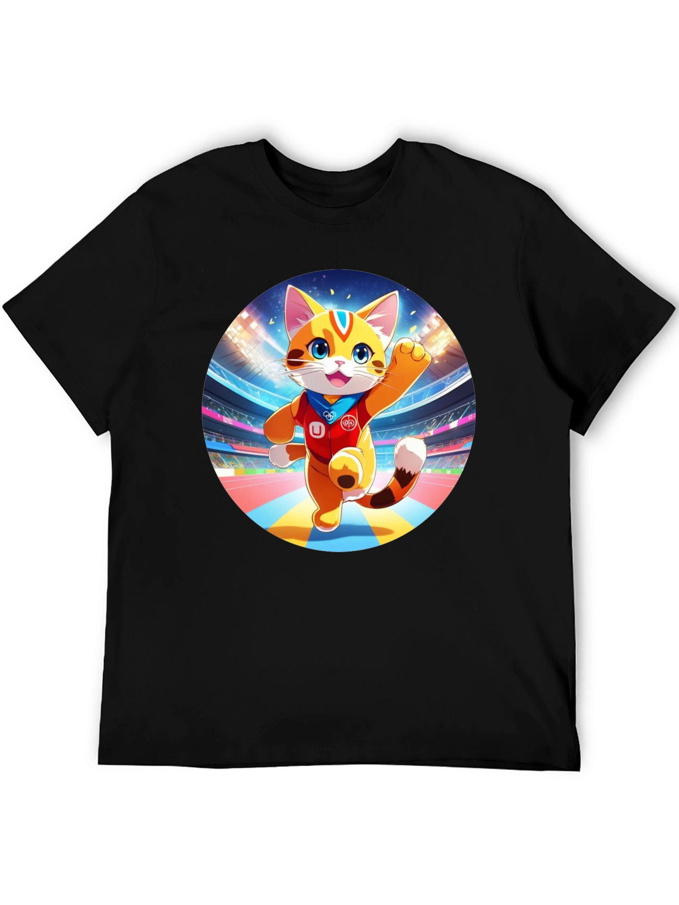 Cartoon Cat in Stadium Black T-Shirt