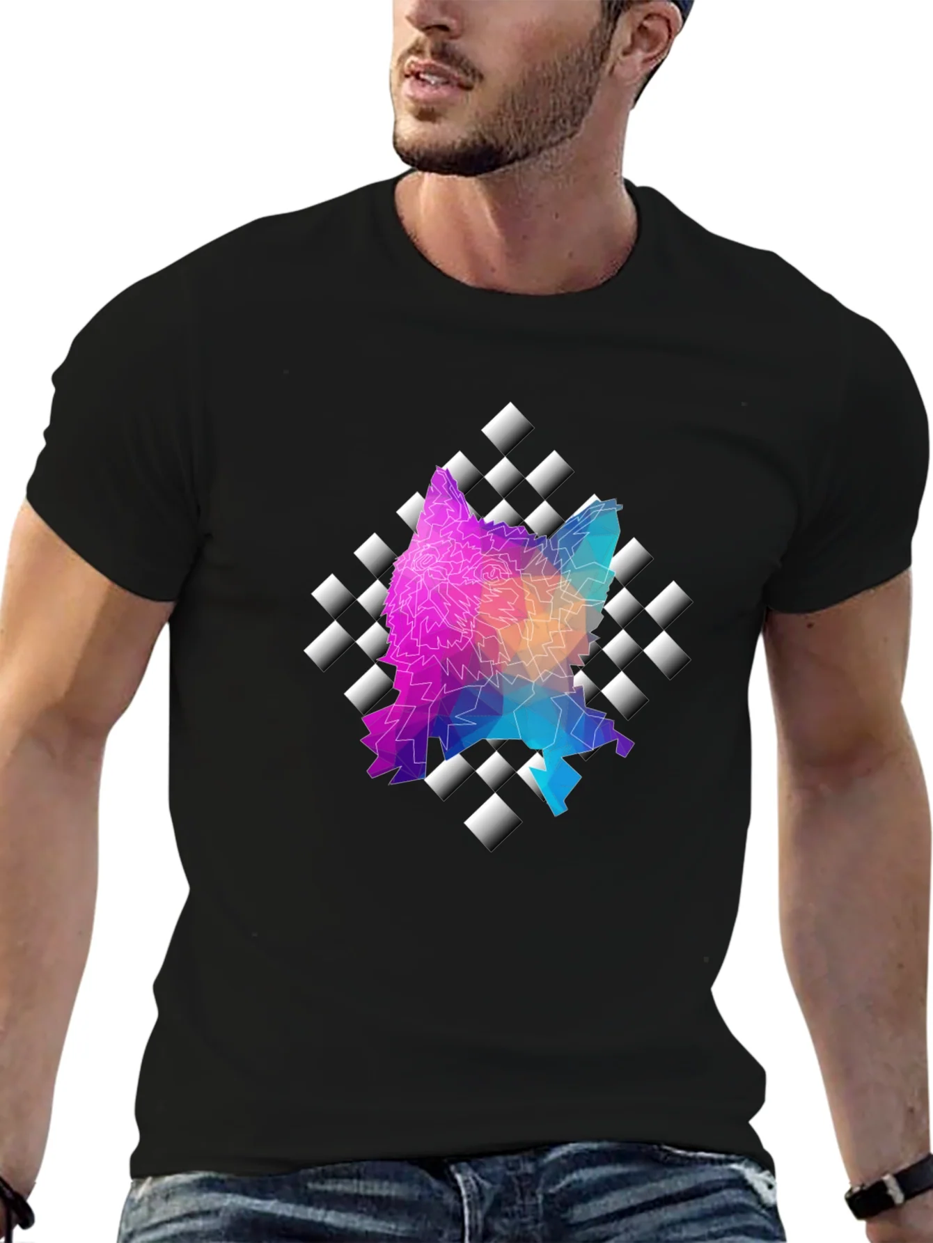 Geometric Wolf Graphic Black Tee