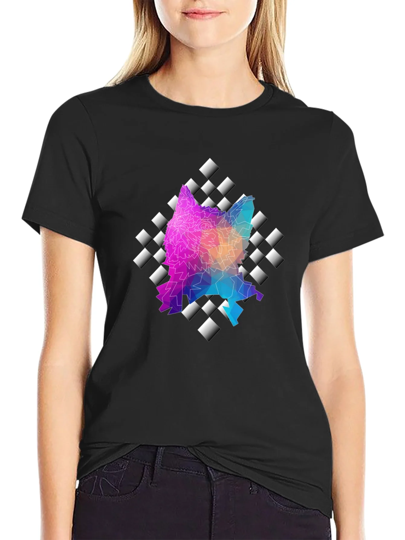 Geometric Wolf Graphic Black Tee