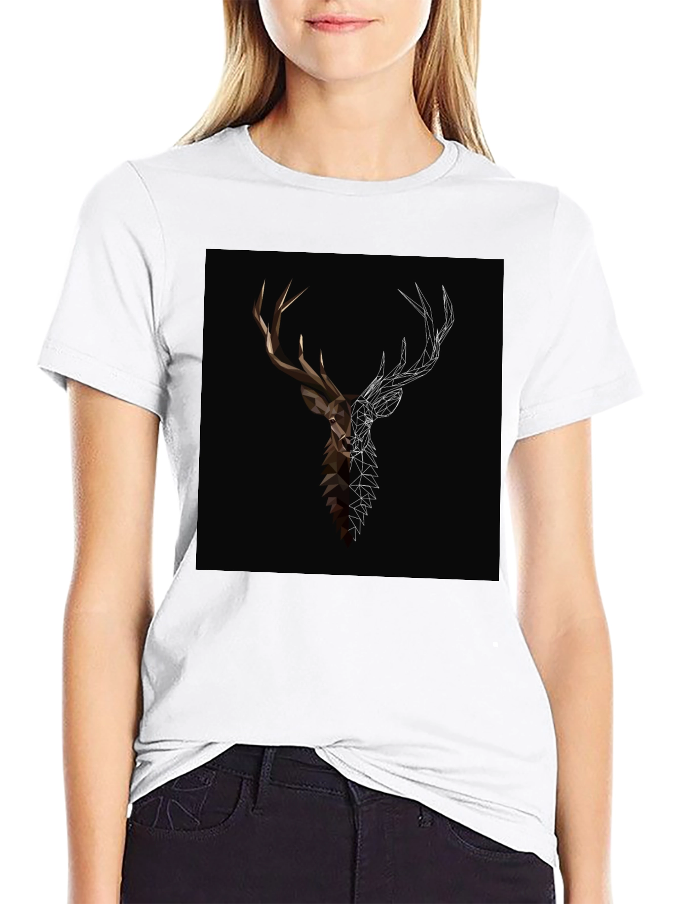 Geometric Deer Graphic Tee - Black Cotton Blend