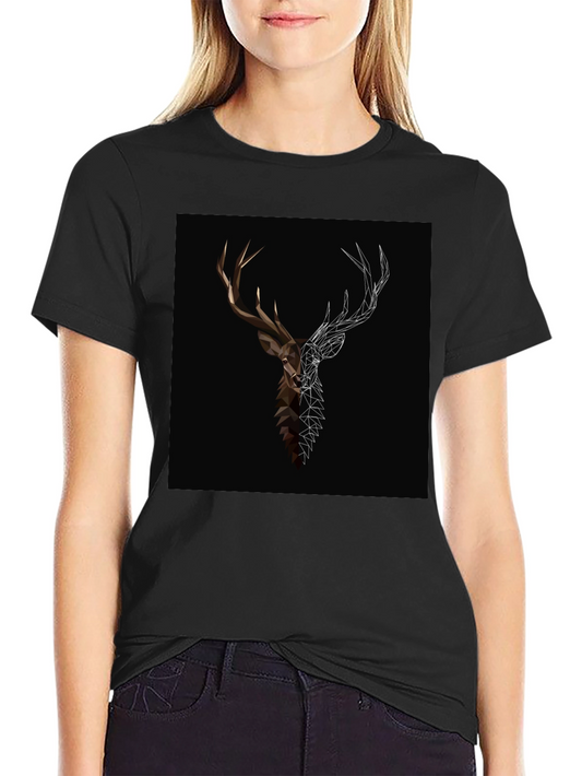 Geometric Deer Graphic Tee - Black Cotton Blend
