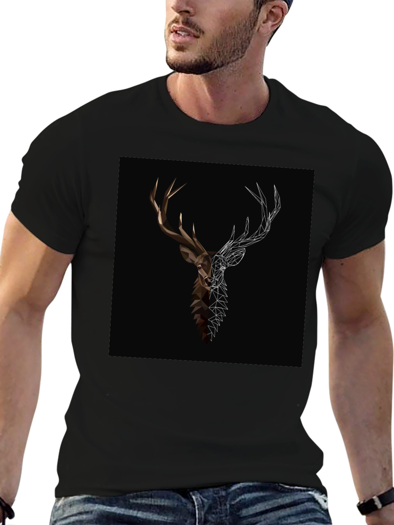 Geometric Deer Graphic Tee - Black Cotton Blend