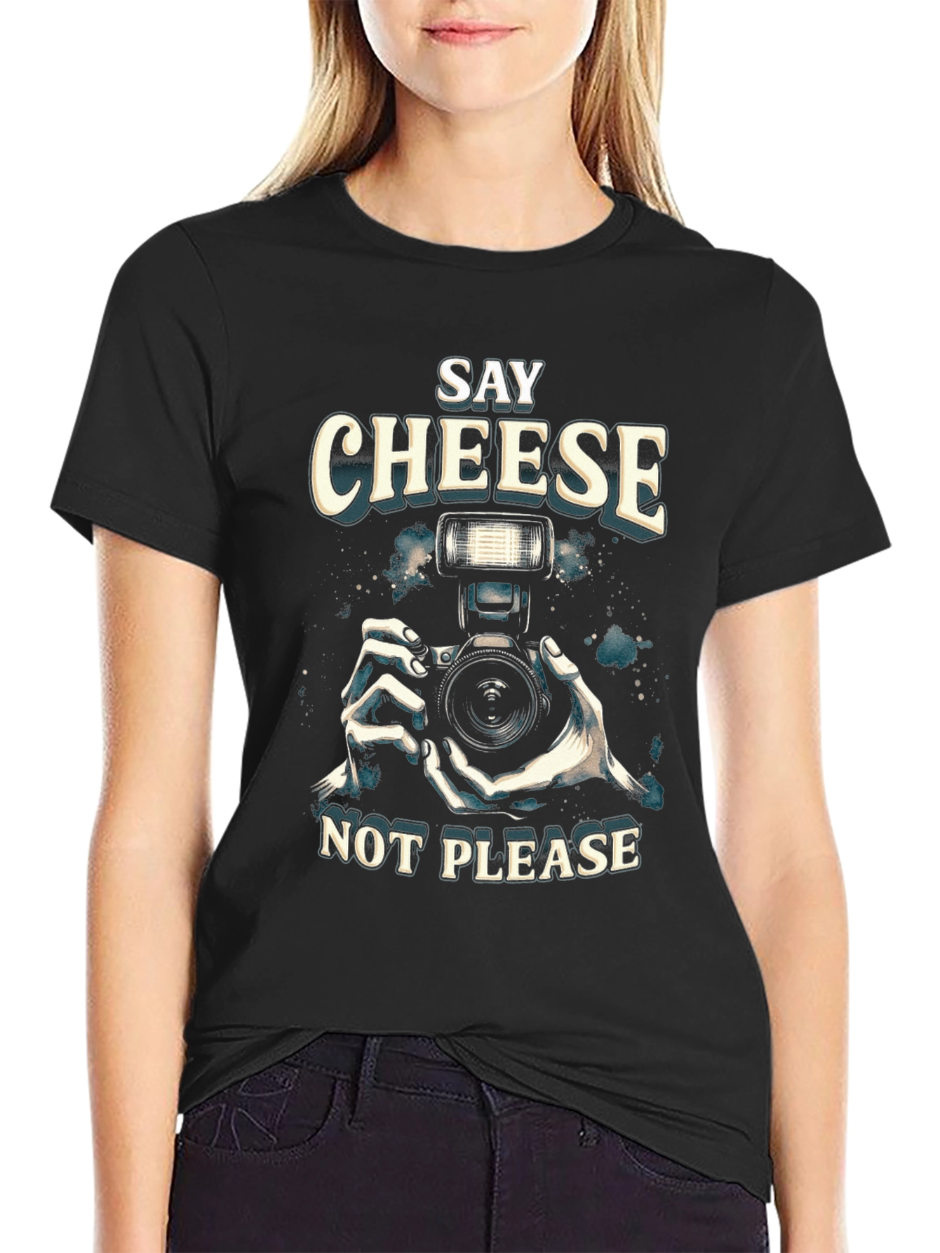 Say Cheese Not Please Black Graphic Tee