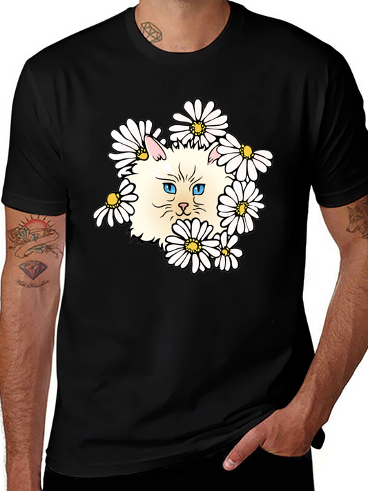 Cat & Daisy Graphic T-Shirt - Black