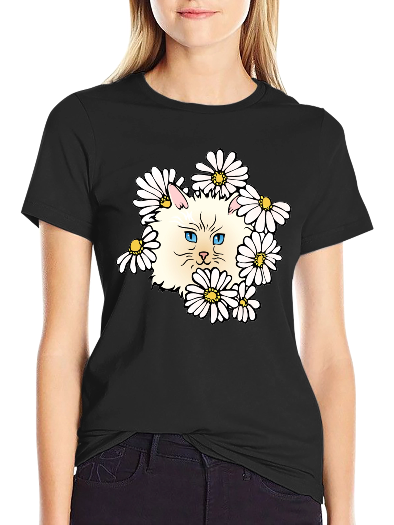 Cat & Daisy Graphic T-Shirt - Black