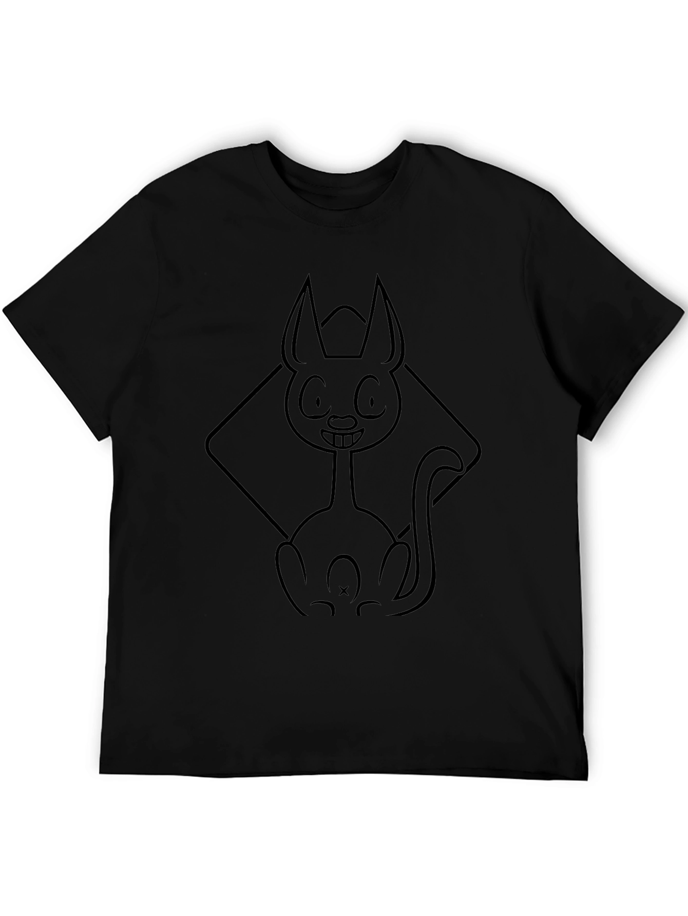 Cartoon Cat Outline Black T-Shirt