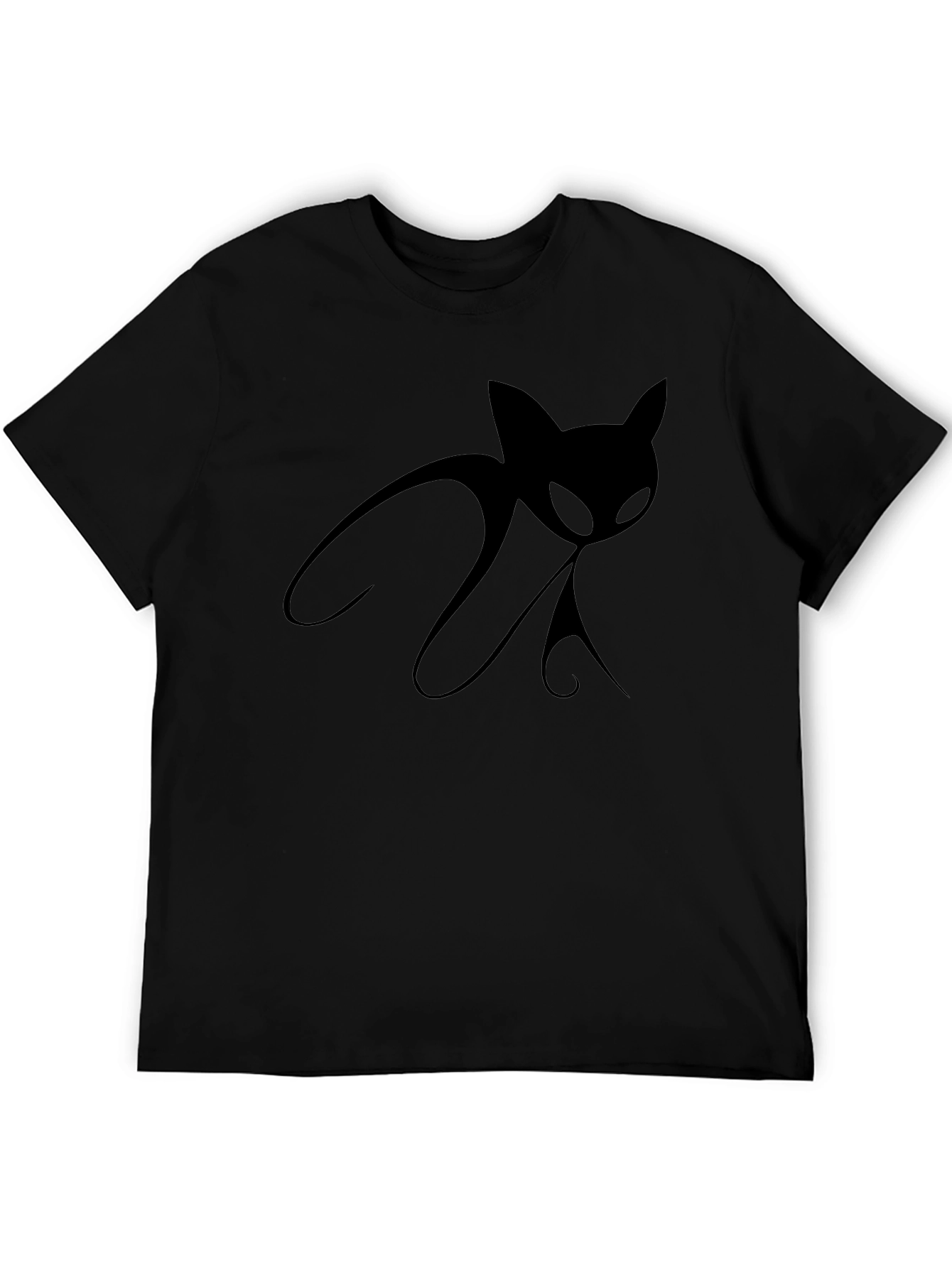 Mens Black T-Shirt with Stylized Cat Design