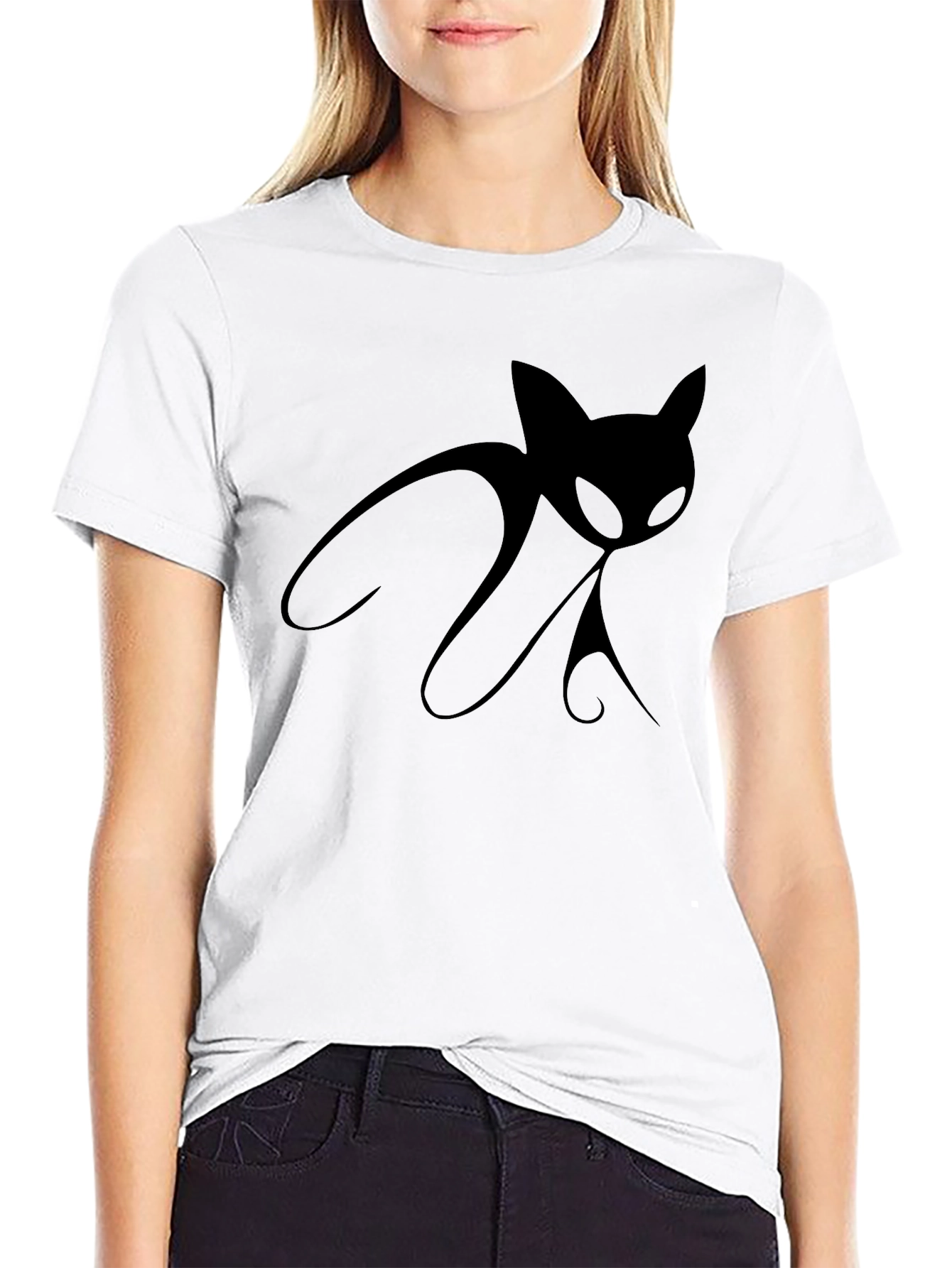 Mens Black T-Shirt with Stylized Cat Design
