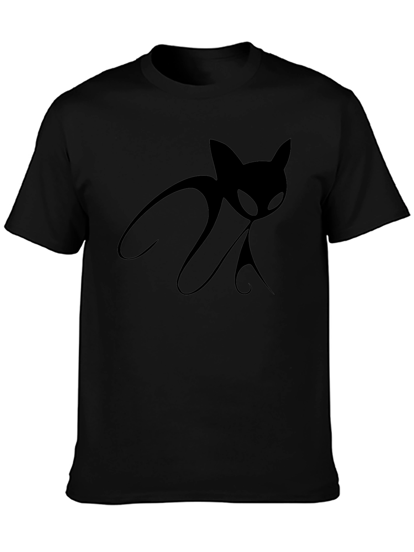 Mens Black T-Shirt with Stylized Cat Design