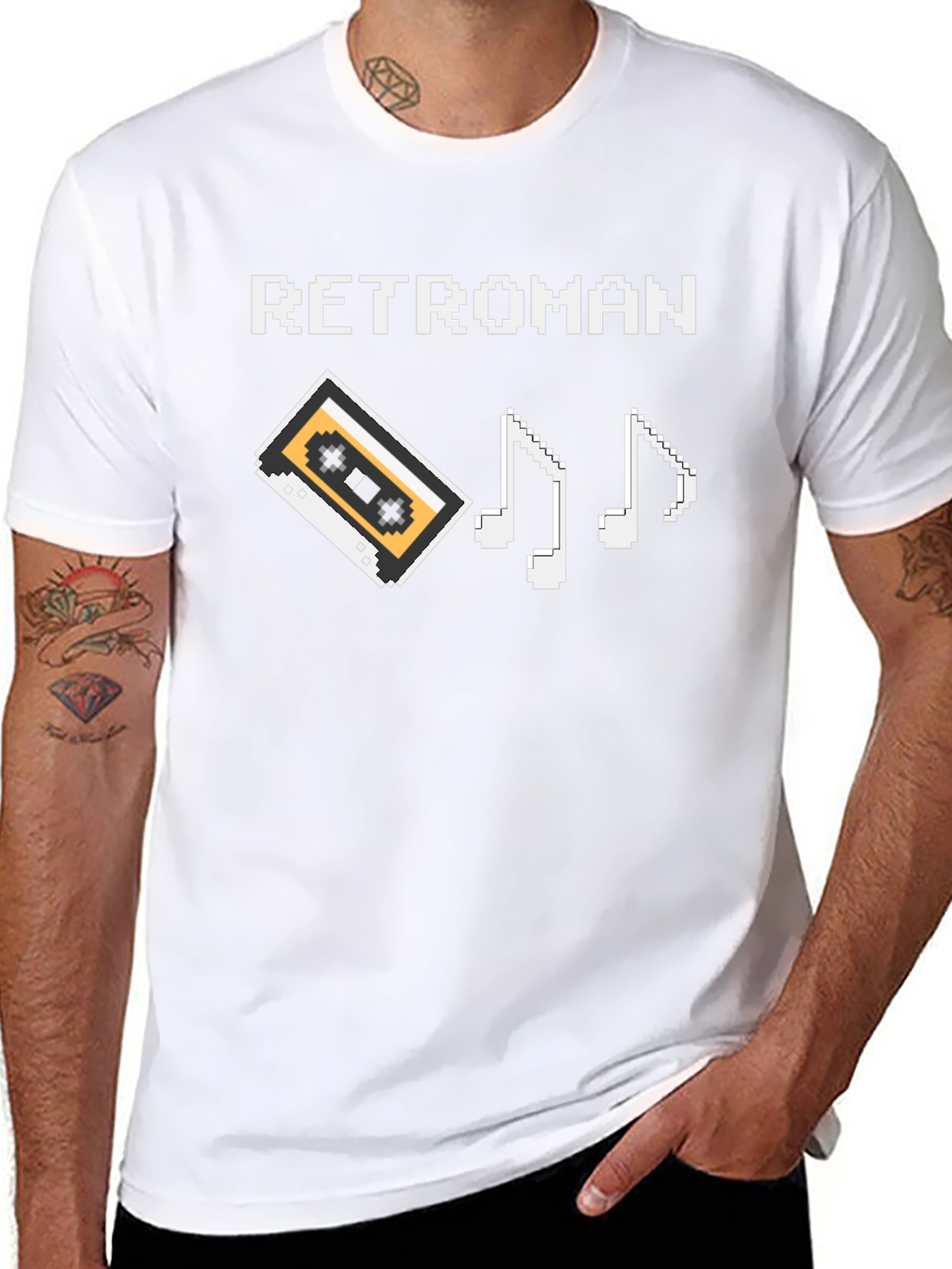Retroman Black Pixel Cassette & Music Notes T-Shirt