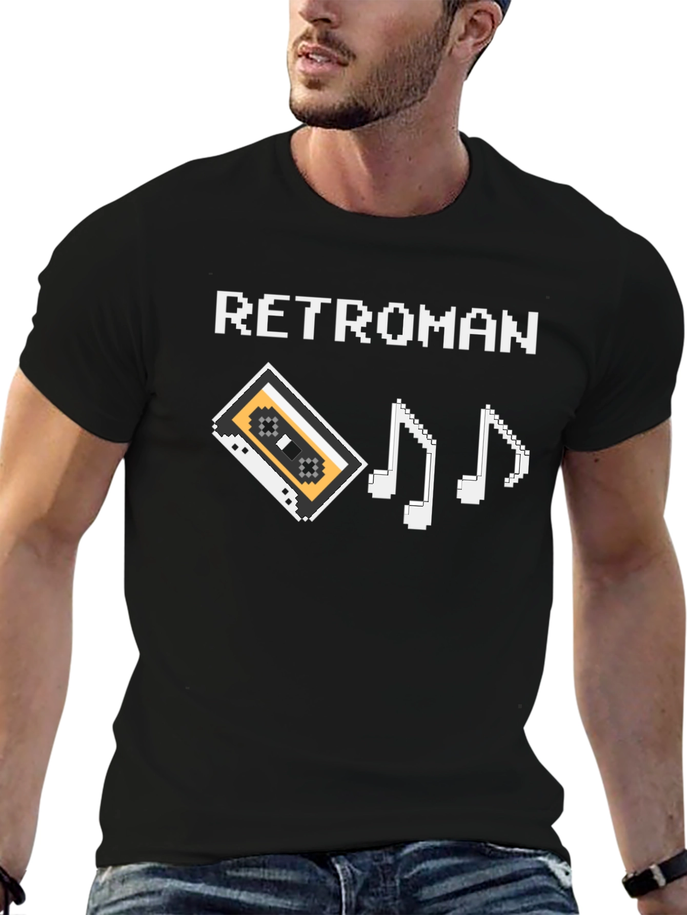 Retroman Black Pixel Cassette & Music Notes T-Shirt