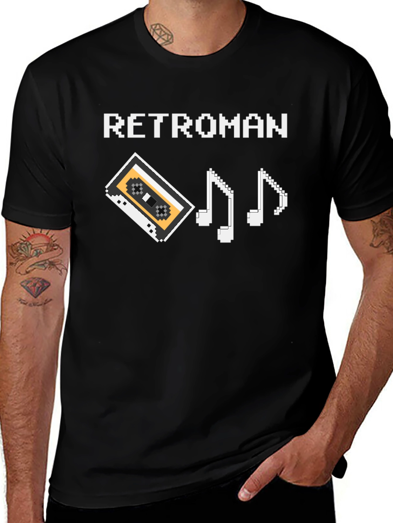 Retroman Black Pixel Cassette & Music Notes T-Shirt