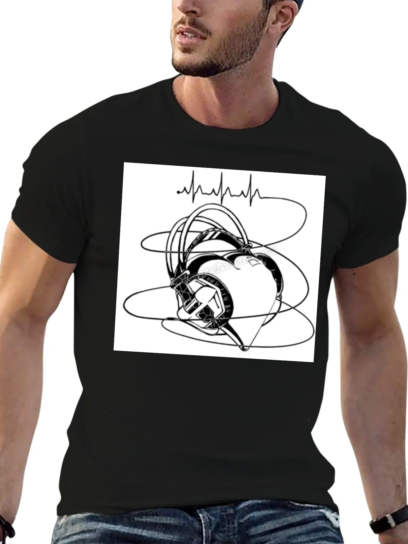 Heartbeat Headphones Graphic T-Shirt - Black
