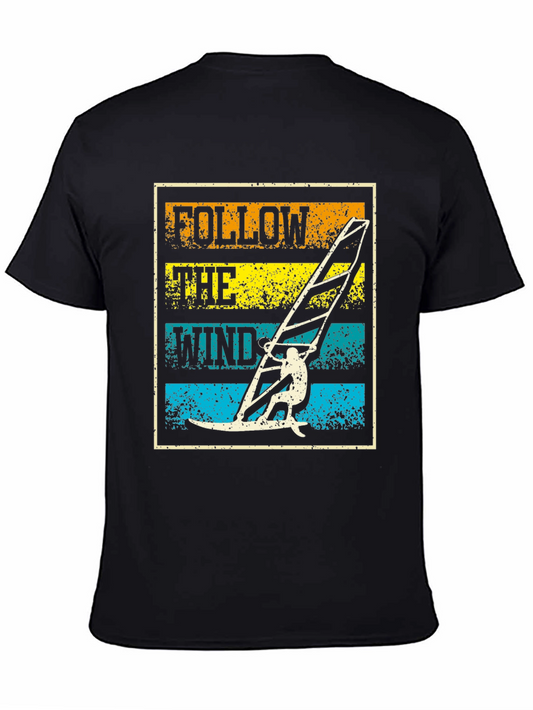 Follow The Wind Black T-Shirt Windsurfing Design