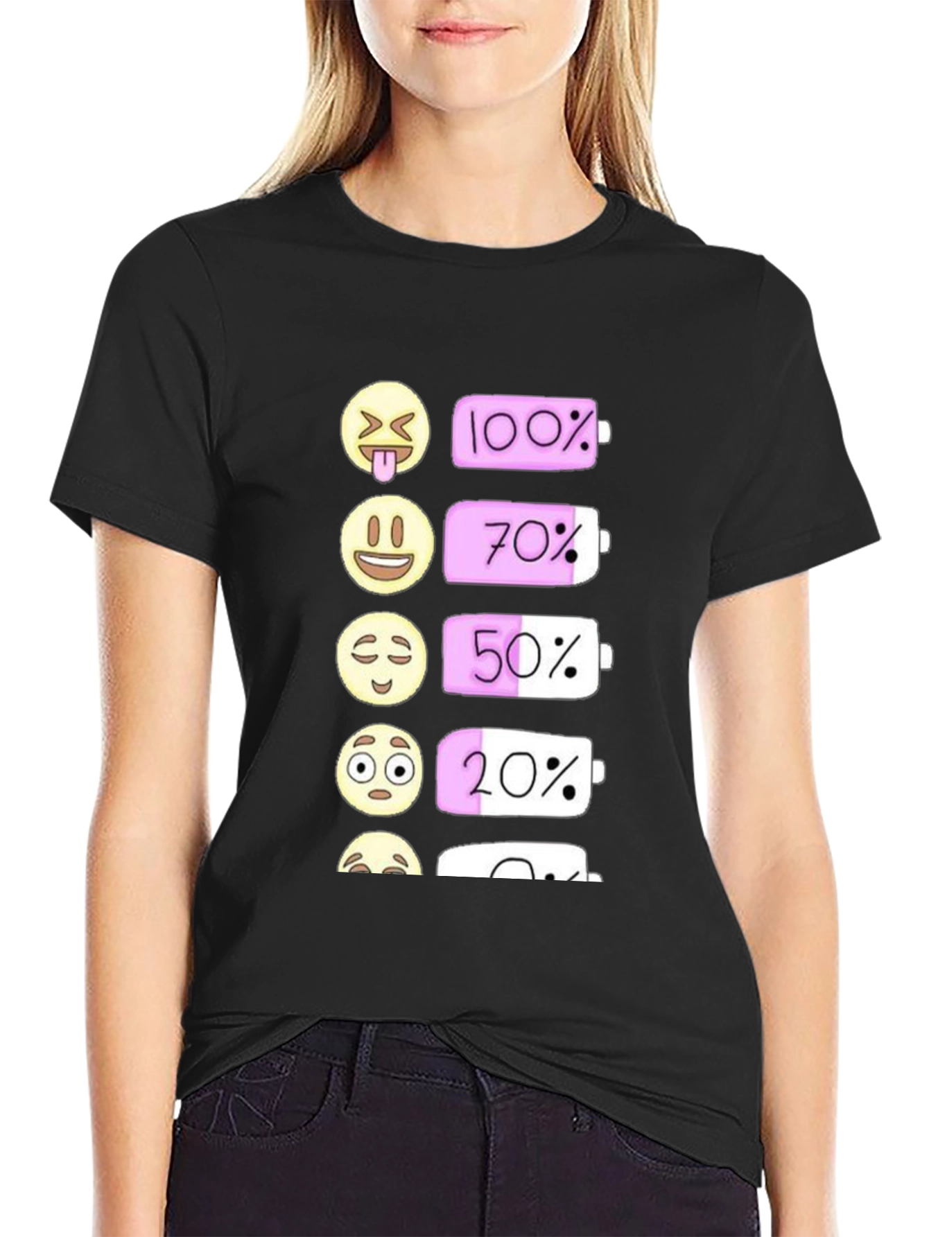 Emoji Battery Level Graphic Tee - Black Cotton T-Shirt