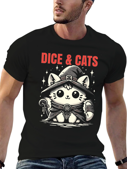 Dice & Cats Graphic Tee - Magical Cat Wizard Shirt