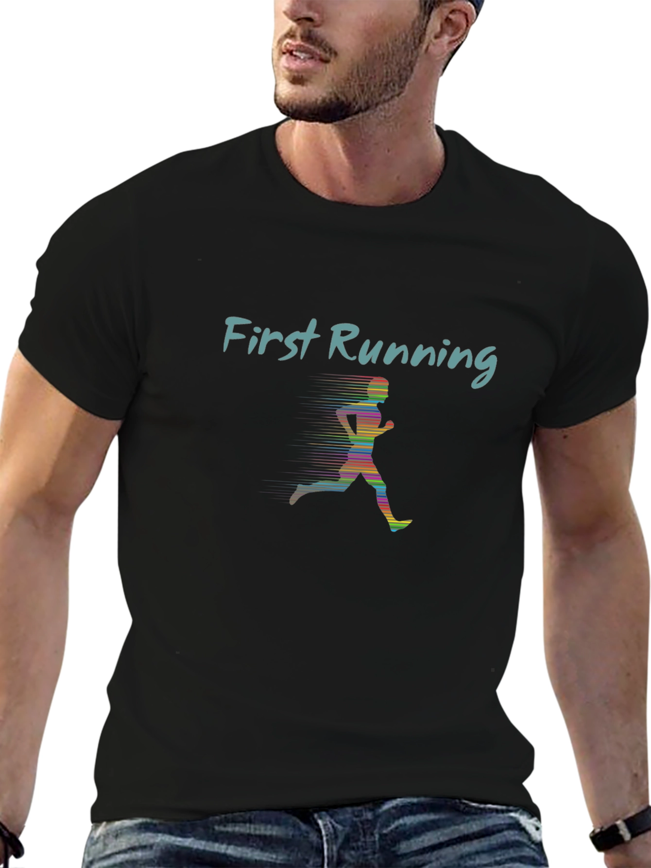 First Running Tee - Sleek Black Graphic T-Shirt