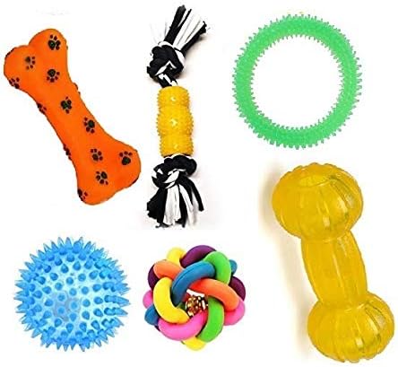 Dog Chew Toys Combo of 6pcs Toys Rainbow Ball, Teether, 2 Knot Rope, Led Ball, Dumble Teether & Latex Toys Dog Toys & Puppy Toys (Color May Vary)
